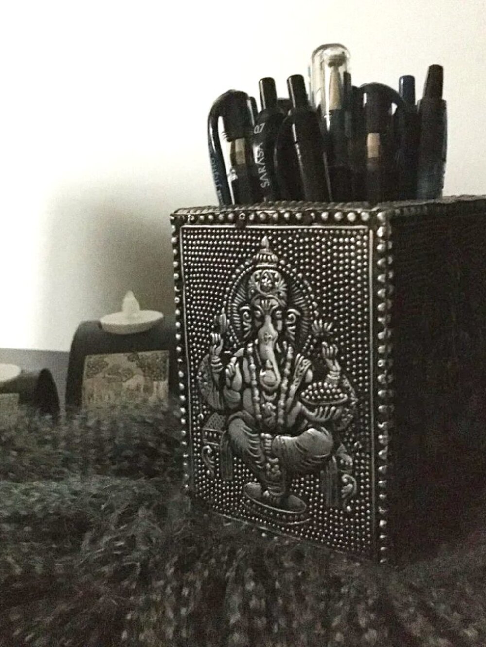 Vintage 90s Stamped Metal Lord Ganesha Pencil Holder